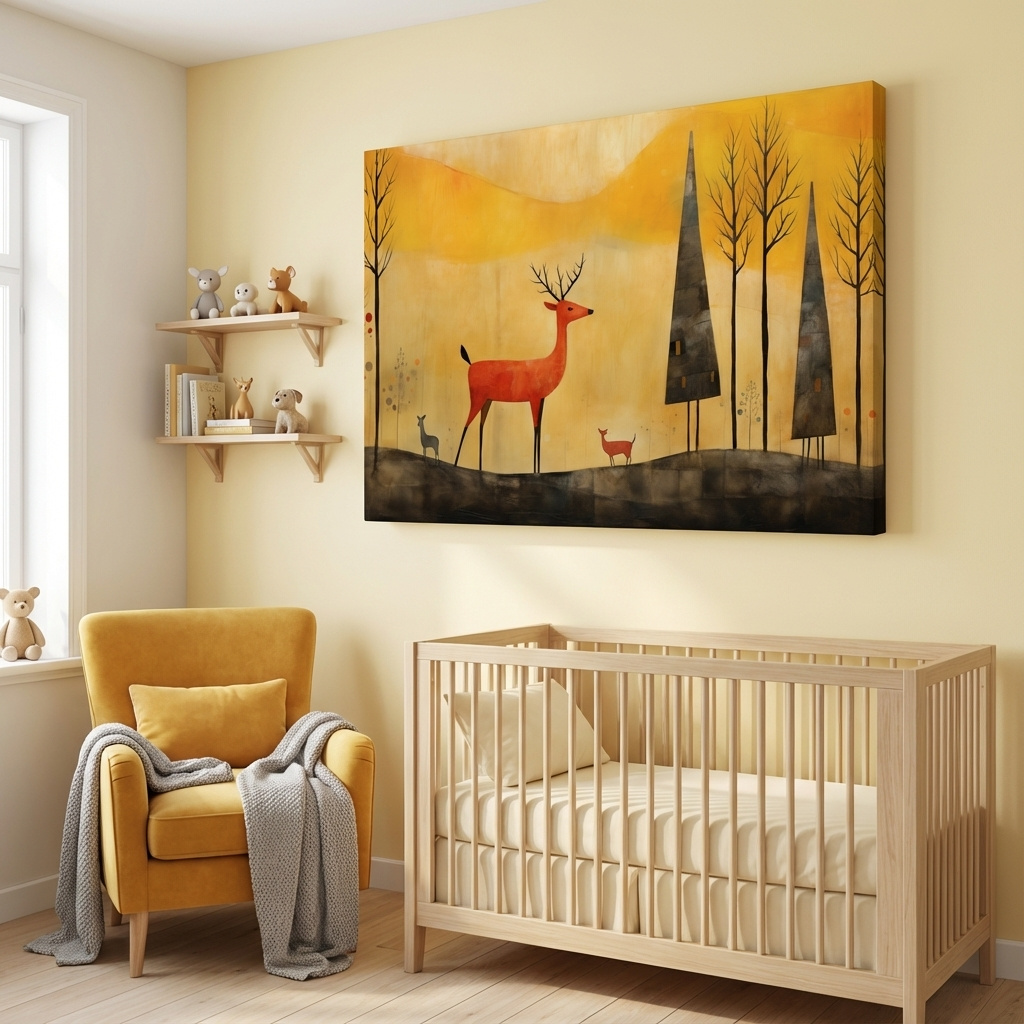 Mockup of Red deer in an autumn forest landscape, quirky painting artwork