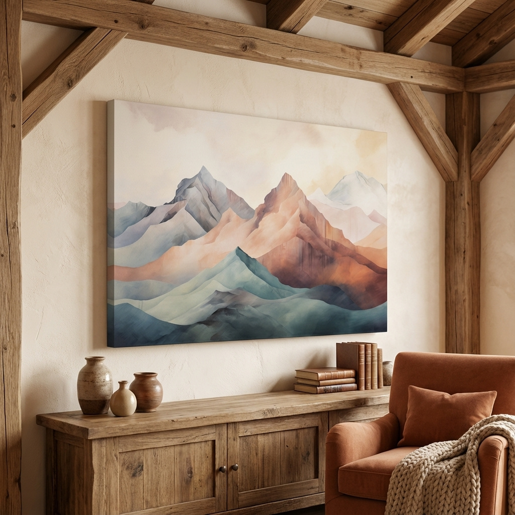 Mockup of Subtle pastel mountain painting artwork on canvas