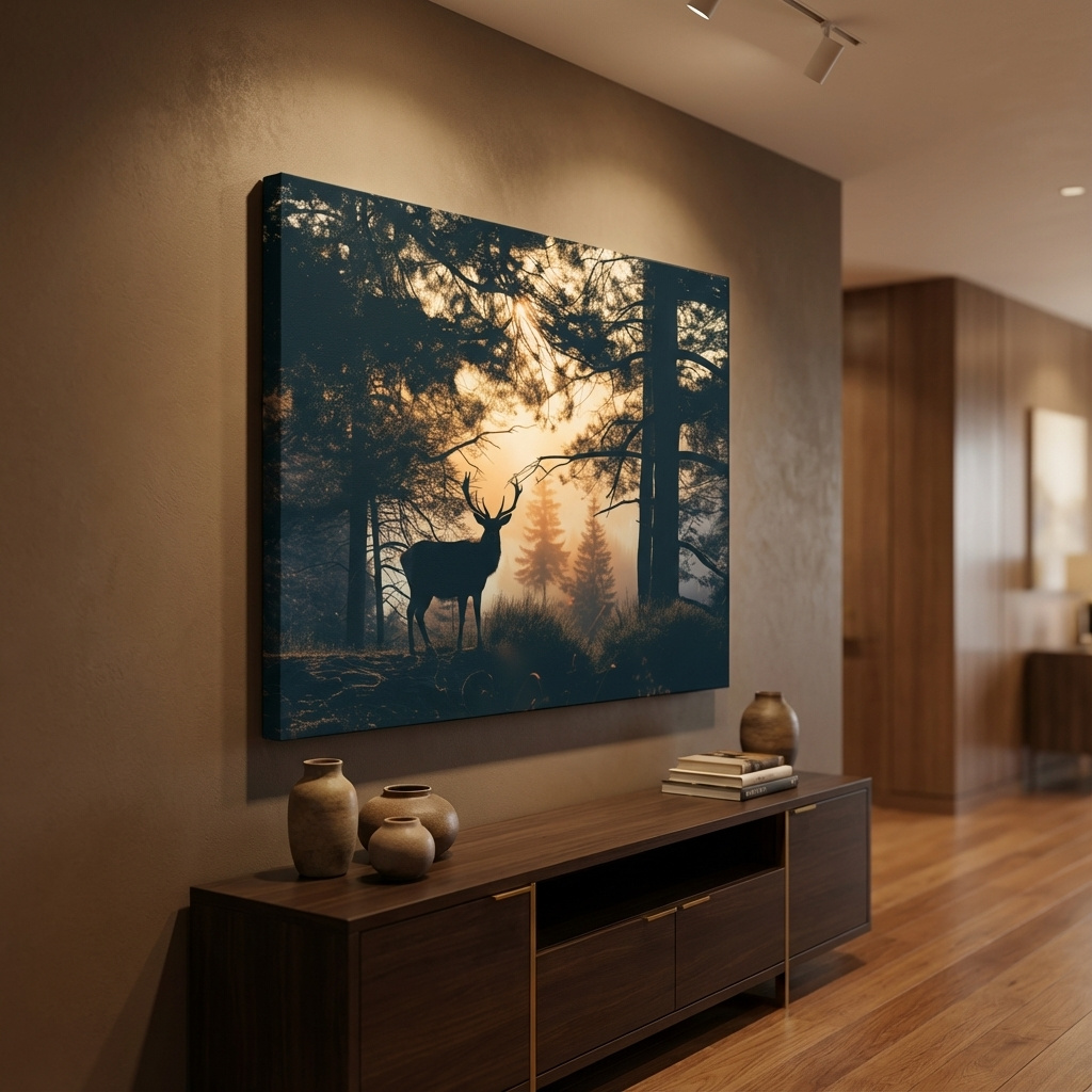 Mockup of Photograph of a deer silhouette in the forest at sunset