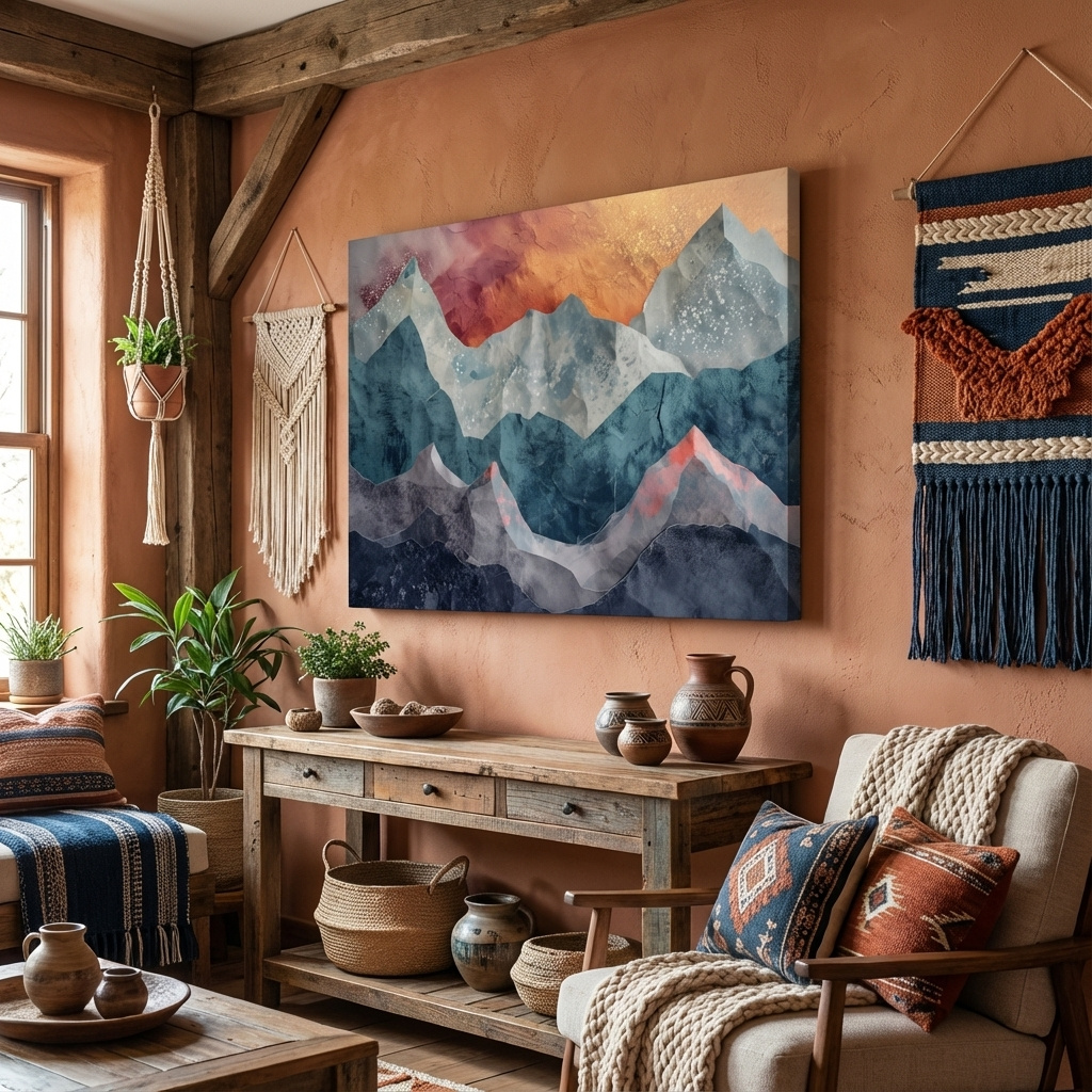 Mockup of Abstract sunset mountain artwork, 3d textured paper effect