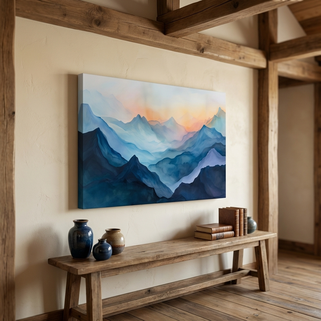 Mockup of Abstract mountain painting, colourful mountain ranges at sunrise