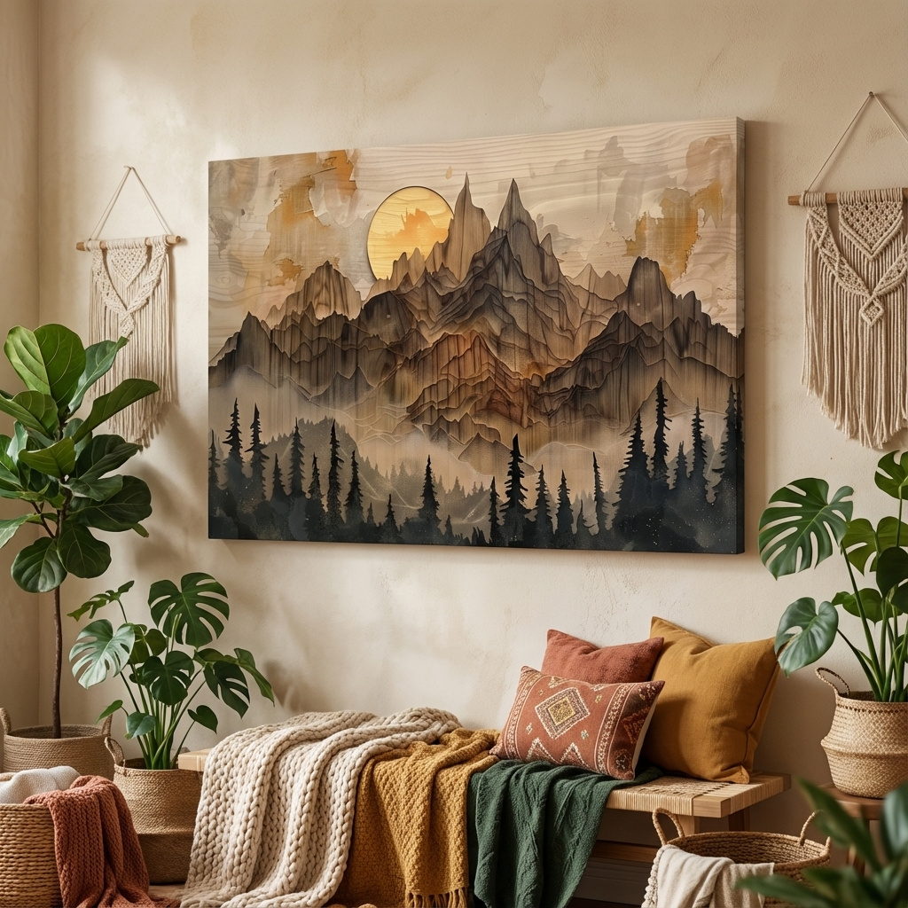 Mockup of Mountain and forest artwork, rustic peeled paint on wood effect