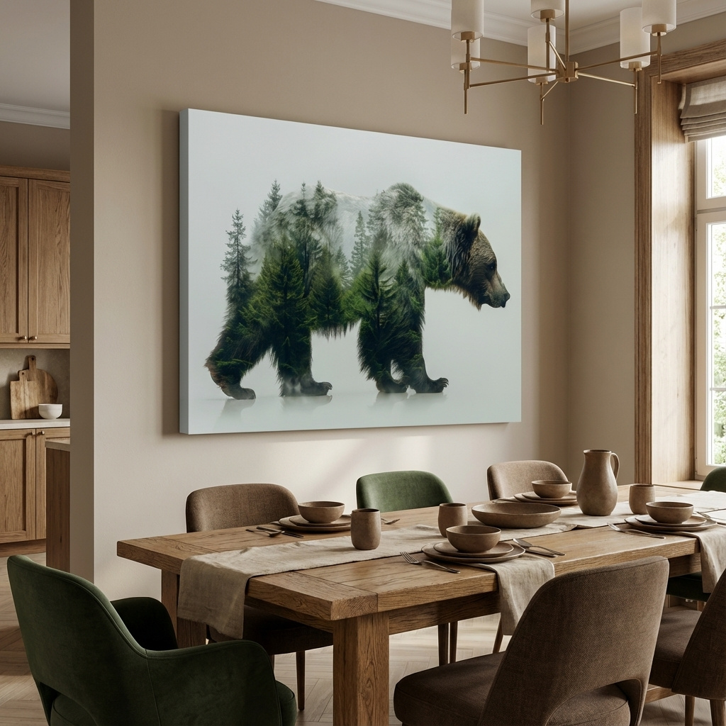 Mockup of Grizzly bear artwork, double exposure forest art