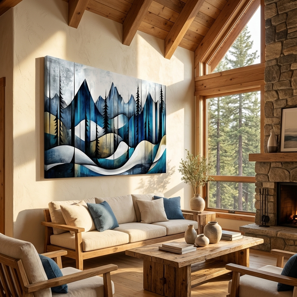 Mockup of Abstract mountain painting, trees in the alpine, textured effect