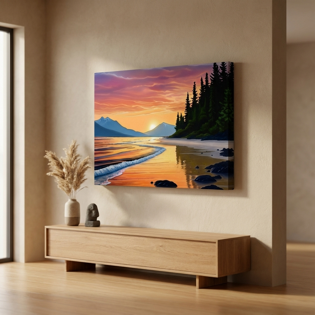 Mockup of Pacific Northwest artwork, sunset over the beach painting