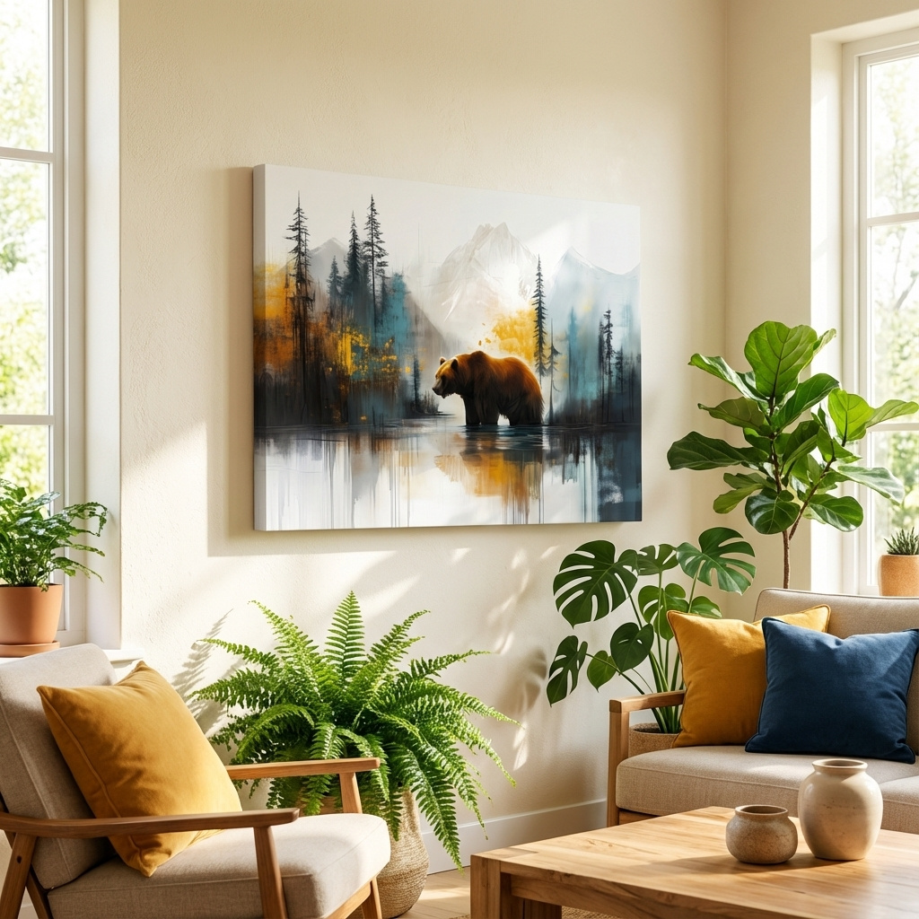 Mockup of Grizzly bear textured wall art, colorful abstract painting artwork