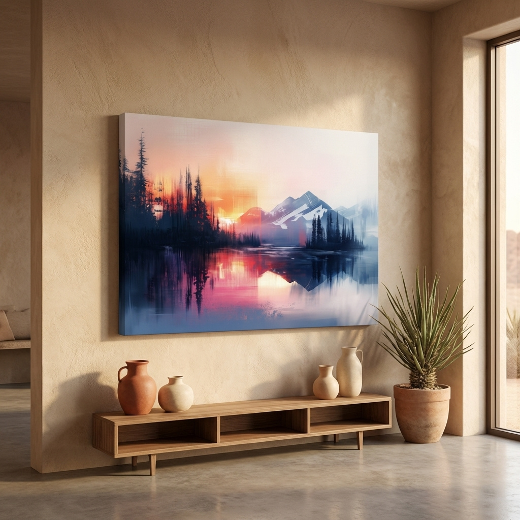 Mockup of Textured painting wall art, sunset over alpine mountains, lake and forest