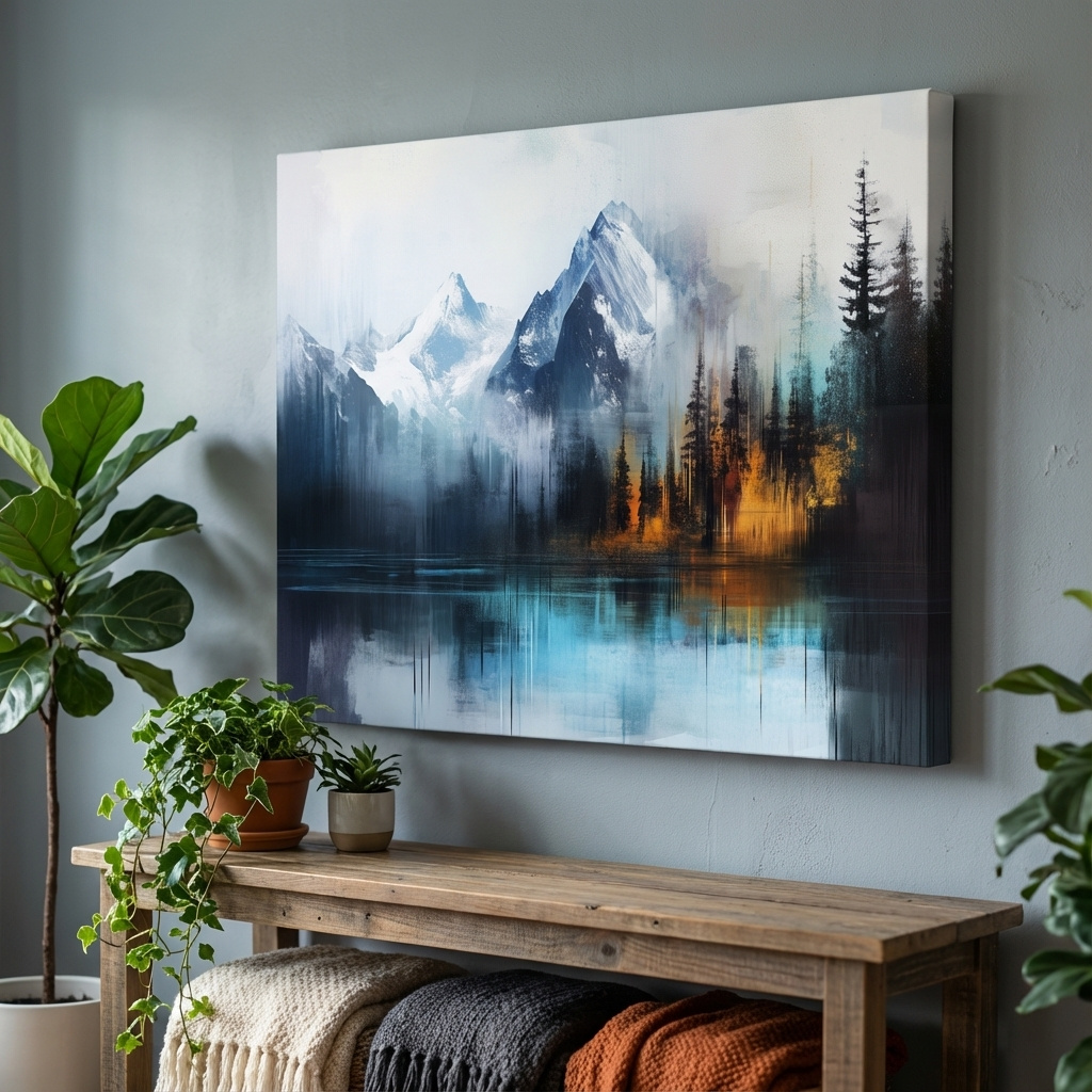 Mockup of Abstract mountain painting wall art, glacier, lake and forest