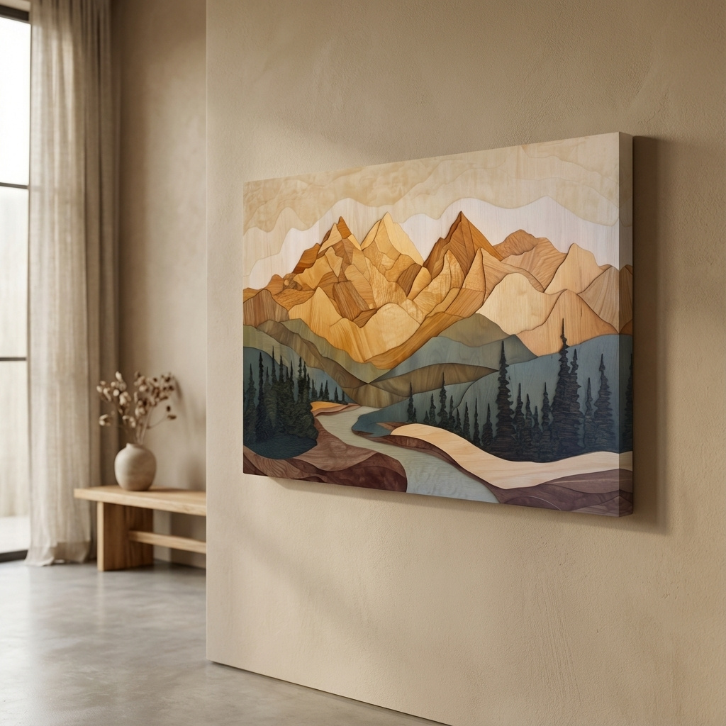 Mockup of Alpine forest mountain artwork, 3d layered wood intarsia style art