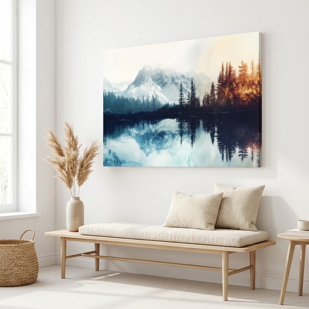 Mockup of Mountain wall art, foggy glacial lake and forest in fall, textured painting effect