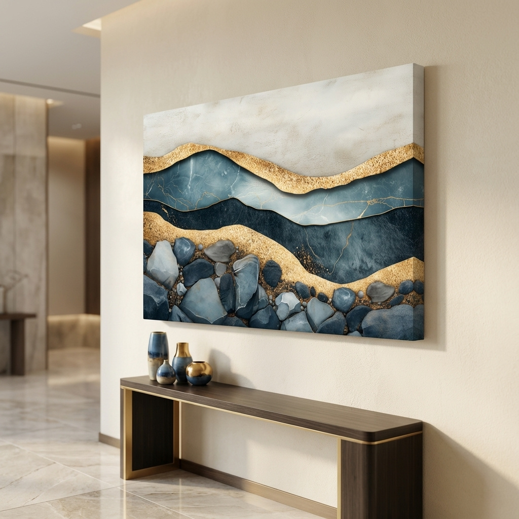 Mockup of Elegant riverbed sand and rock artwork, modern textured wall art with natural sediment layers