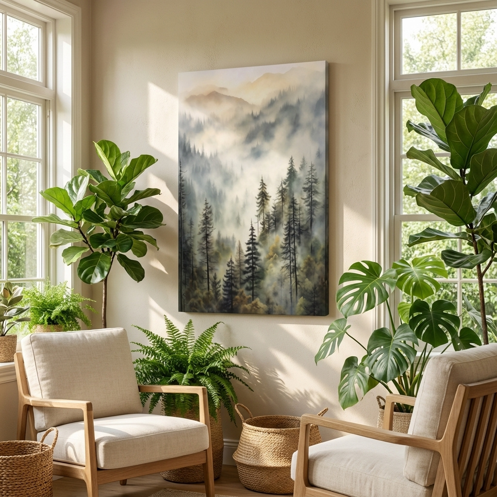 Mockup of Painting of fog rolling through mountains and trees