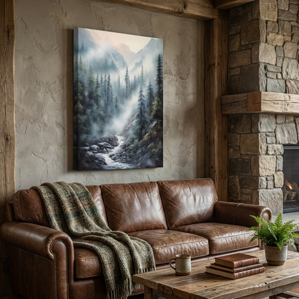 Mockup of Painting of a foggy forest mountain and river scene