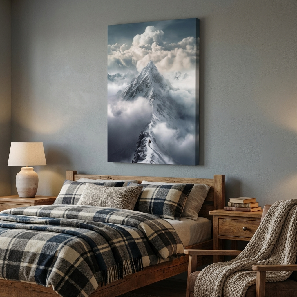 Mockup of Painting of a person approaching the summit of a snowy mountain