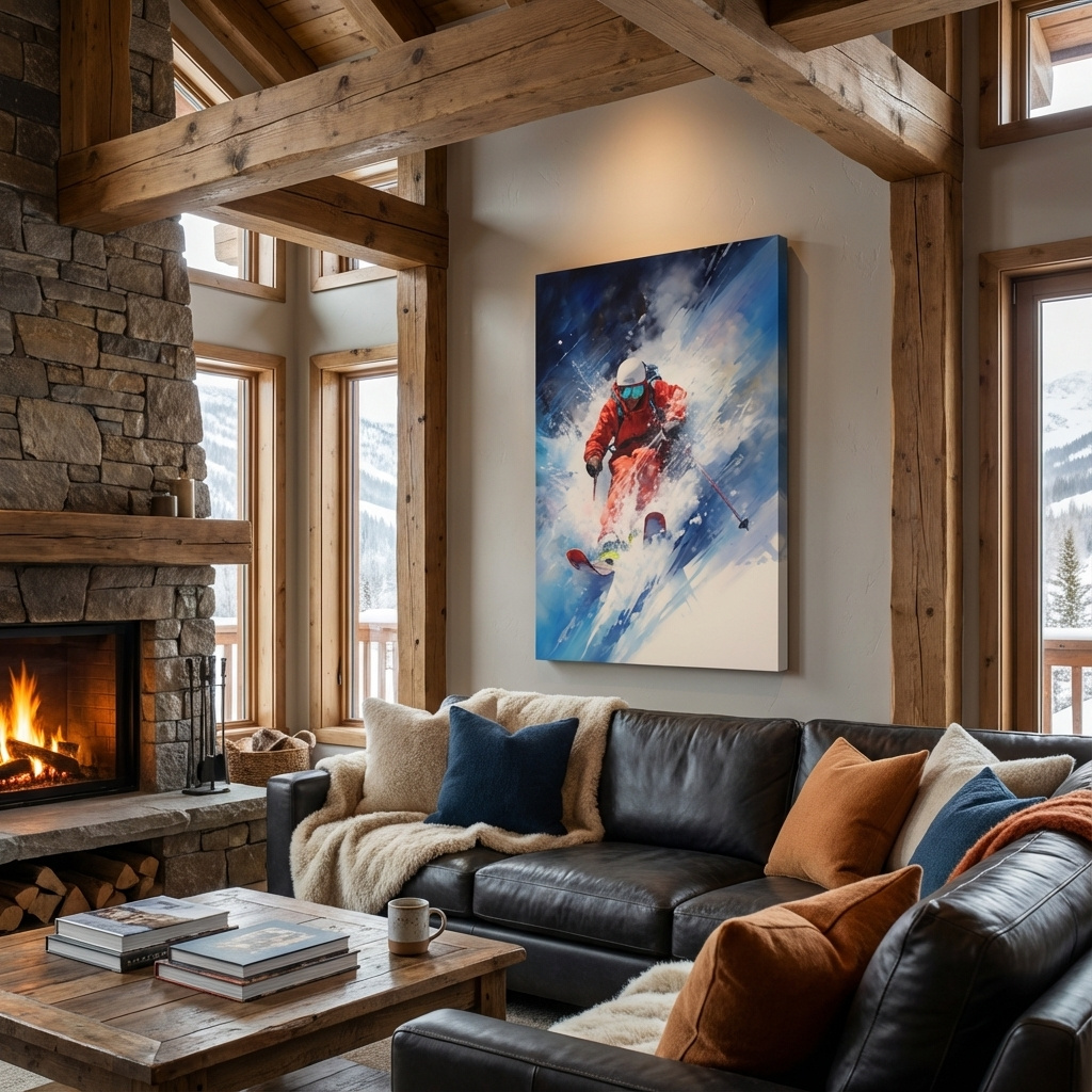 Mockup of Dynamic painting of a skier exploding in powder