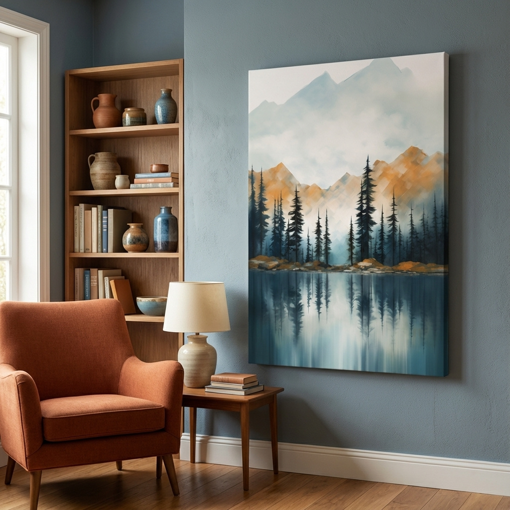 Mockup of Trees on a beautiful alpine lake, mountain scenery painting