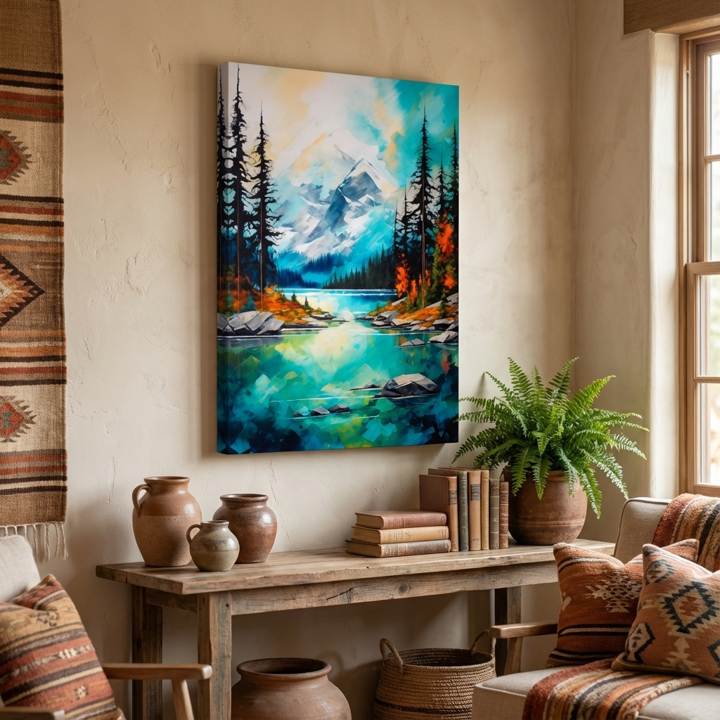 Mockup of Torquoise alpine lake painting in the fall