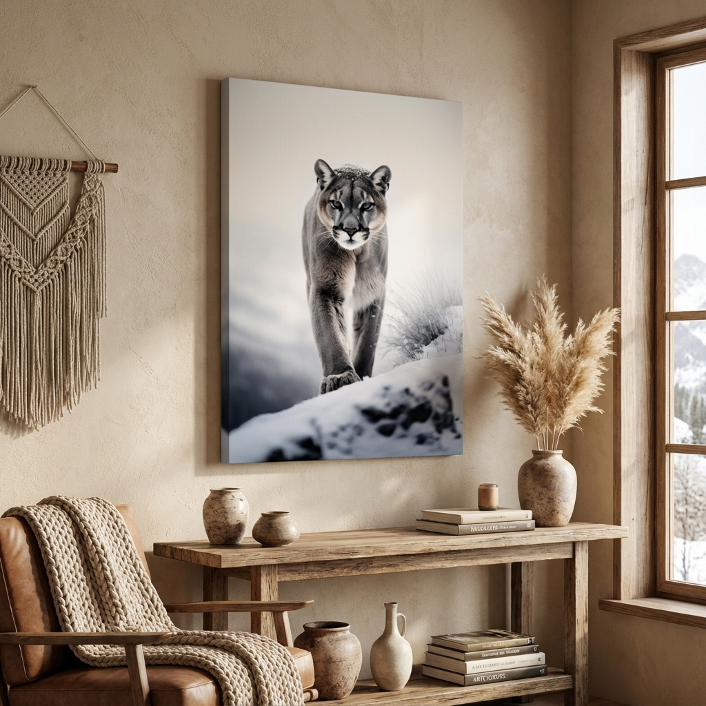 Mockup of Photograph of a mountain lion walking in snow