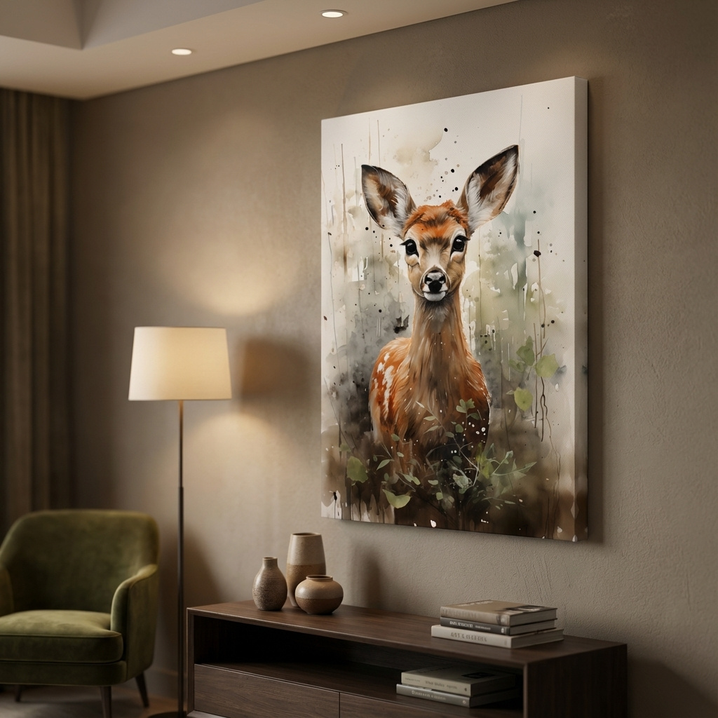 Mockup of Watercolor fawn wall art, delicate forest setting artwork