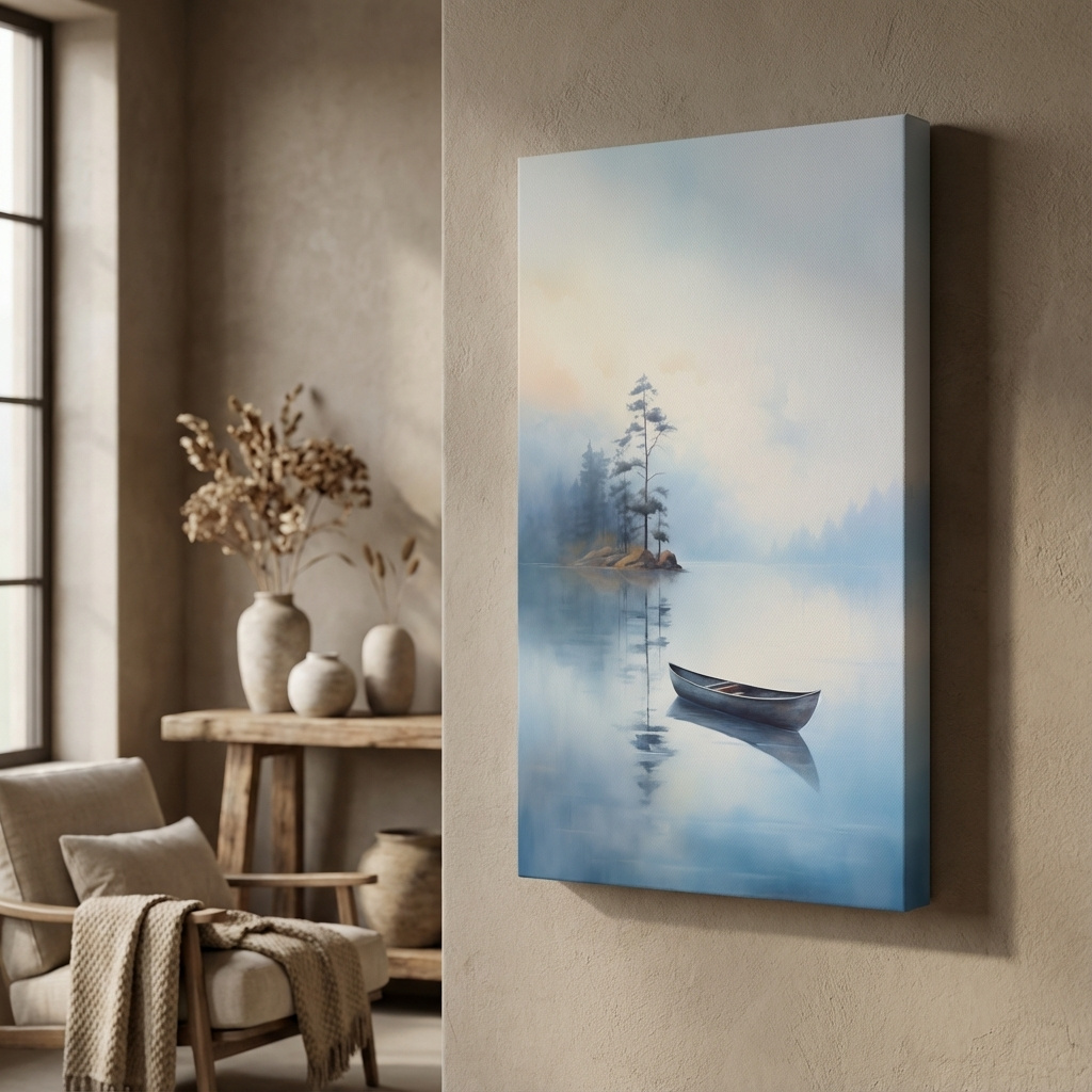 Mockup of Watercolor painting, canoe on a misty lake, serene wall artwork