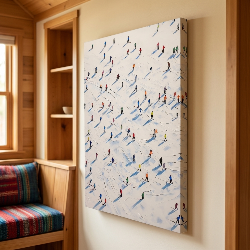 Mockup of Lots of little skiers in a ski resort, textured painting effect