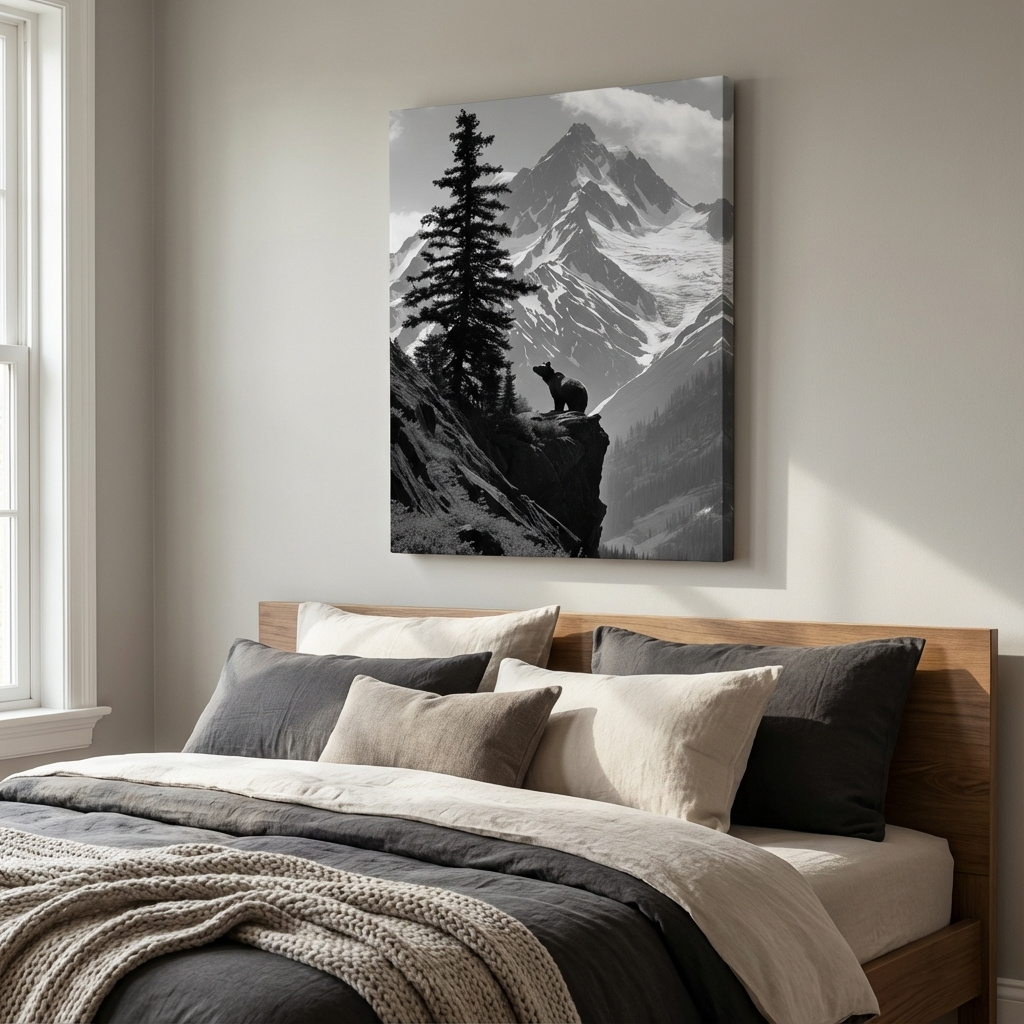 Mockup of Grizzly bear on a cliff in the mountains, wildlife photography art