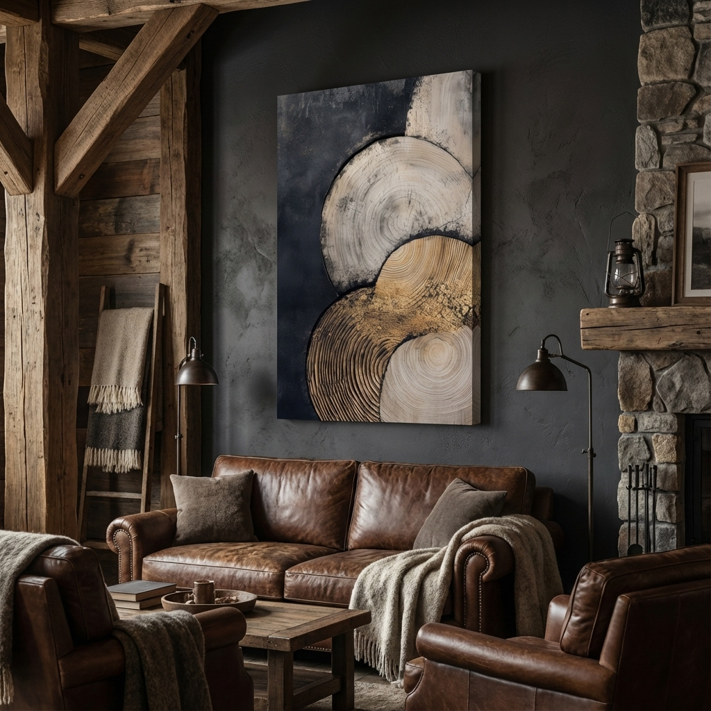 Mockup of Boho tree ring pattern wall art, textured wood cross-section artwork