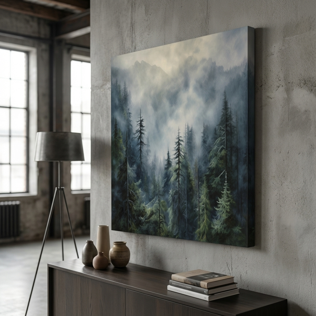 Mockup of Painting of foggy forest in the mountains