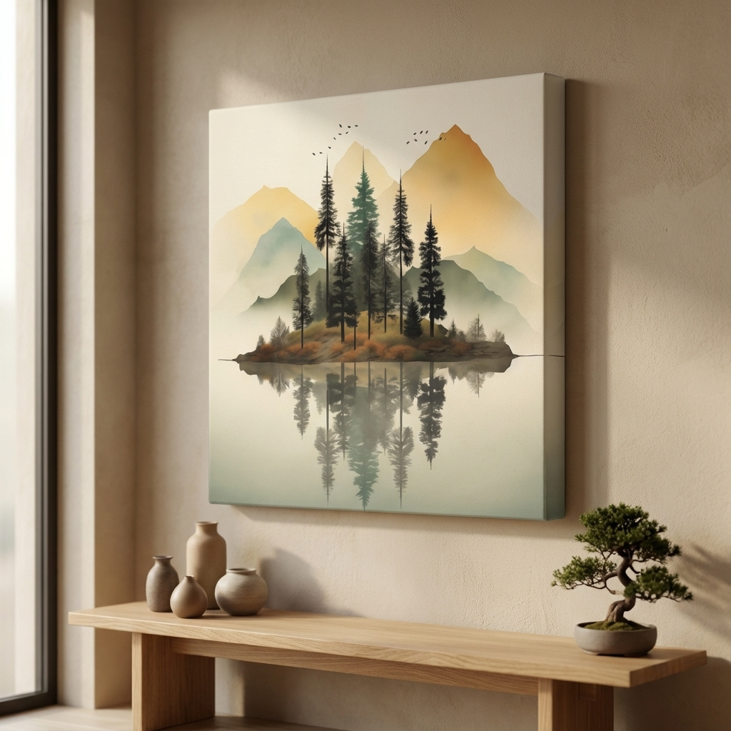 Mockup of Minimal art, trees reflection in an alpine lake