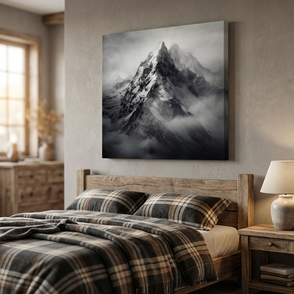 Mockup of Photographic art, ominous snowy peaks in the clouds