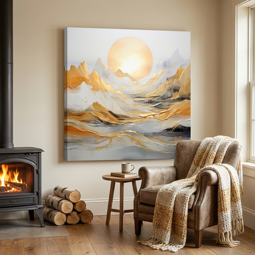 Mockup of Mountain landscape art, gold leaf painting style