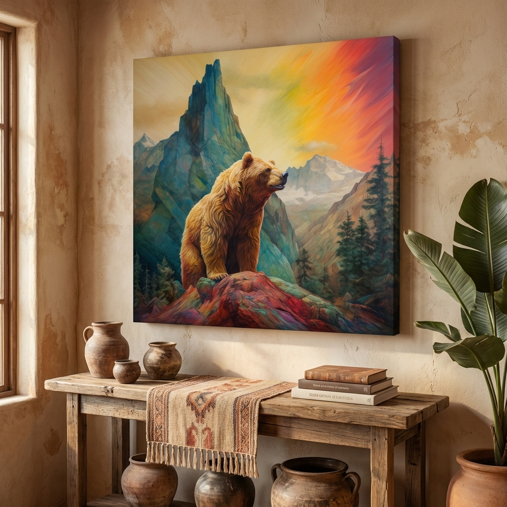 Mockup of Colourful painting of a gizzly bear in the mountains