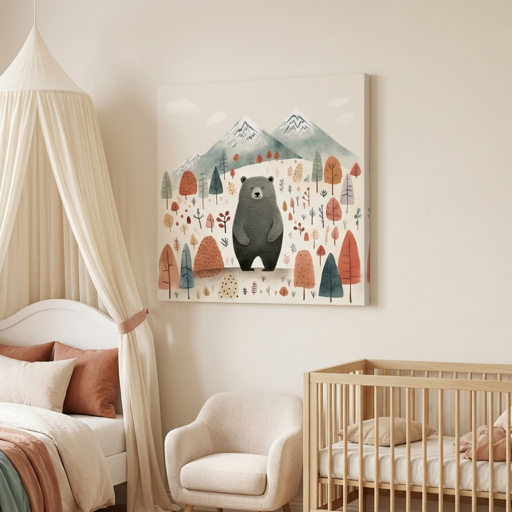 Mockup of Nursery storybook art illustration of a black bear in the forest