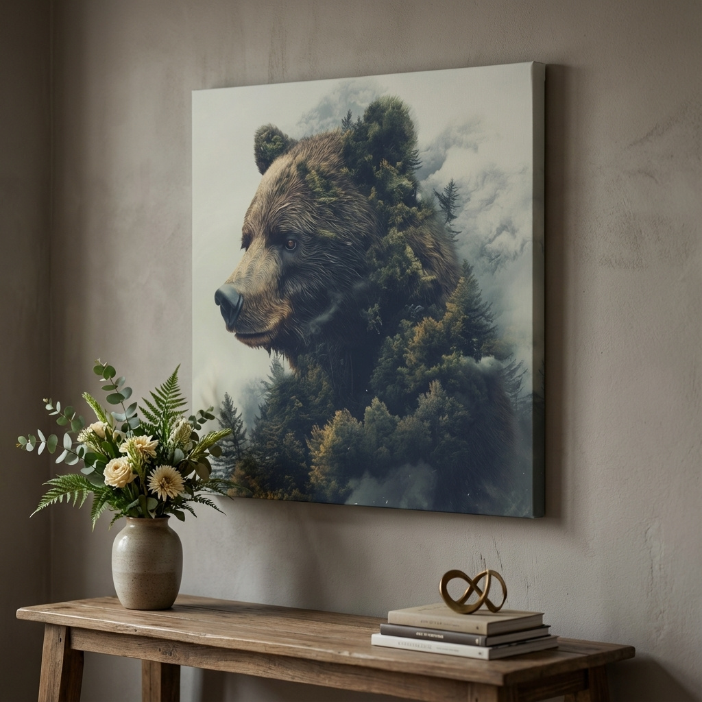 Mockup of Surreal wall art, a grizzly bear morphing from a forest