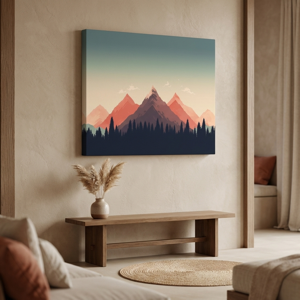 Mockup of Minimalist Alpine Mountain Sunrise Artwork - Modern Scandinavian Forest Wall Art