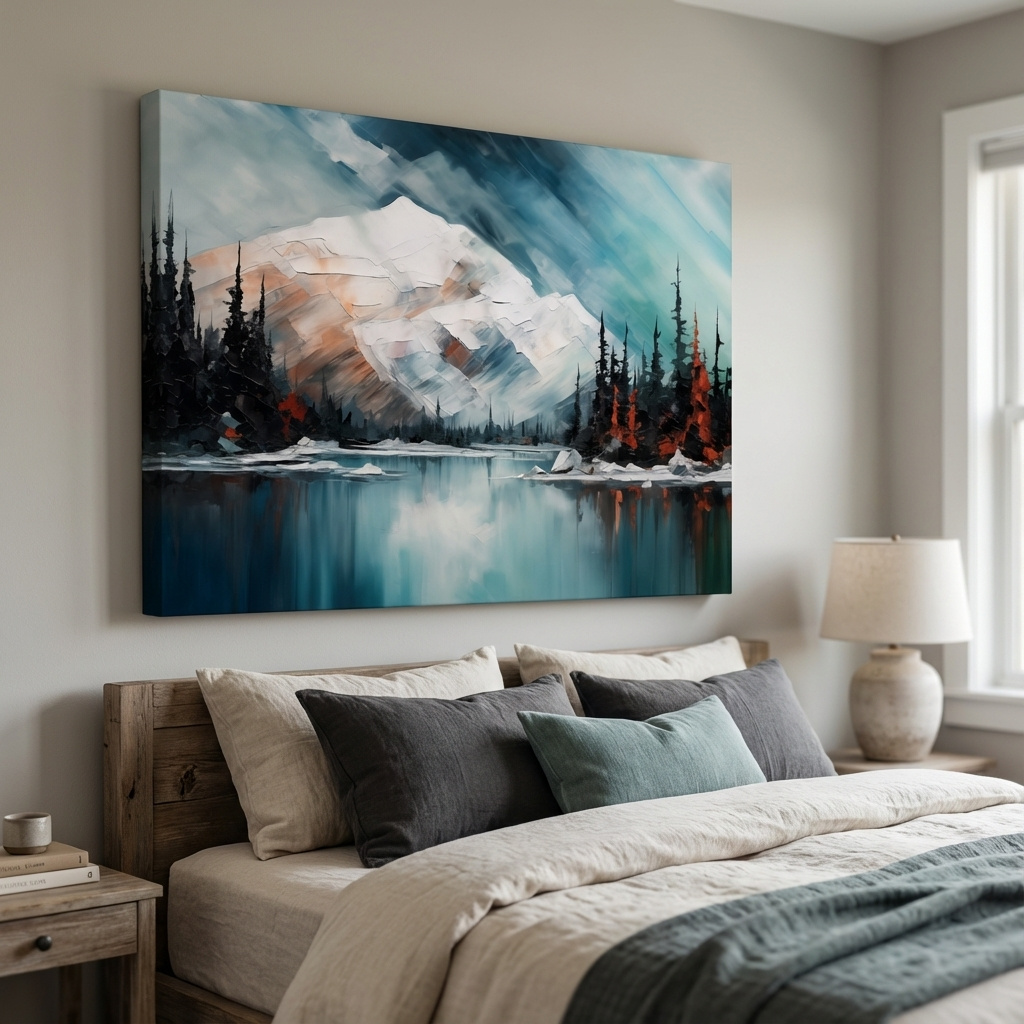 Mockup of Oil painting of a snowy mountain and lake