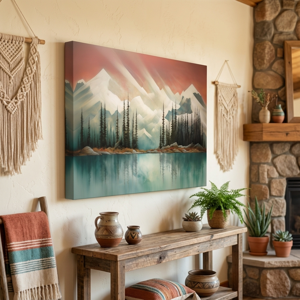 Mockup of Trees on a beautiful alpine lake, mountain painting, abstract