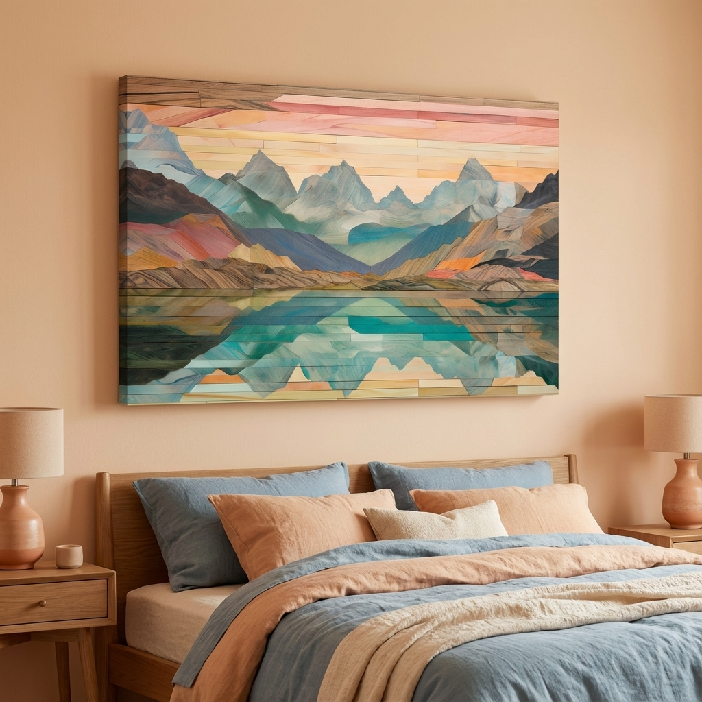 Mockup of Wooden panel style alpine lake and mountain artwork
