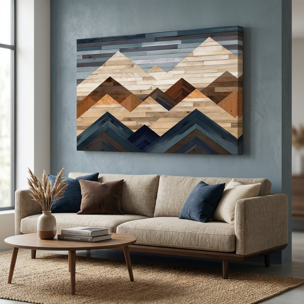 Mockup of Printed wooden panel mountain art