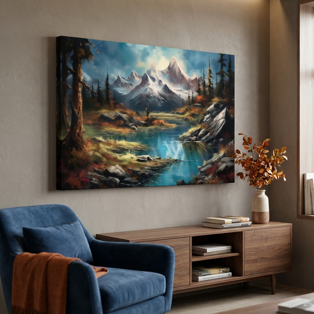 Mockup of Serene alpine lake and snow-capped mountains wall artwork, vibrant scenic painting