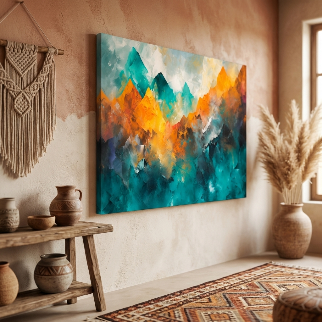 Mockup of Vibrant  Abstract Mountain Painting - Textured Landscape Wall Art