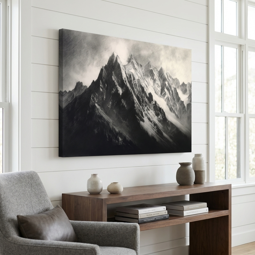 Mockup of Black & White art - Charcoal drawing of a mountain range