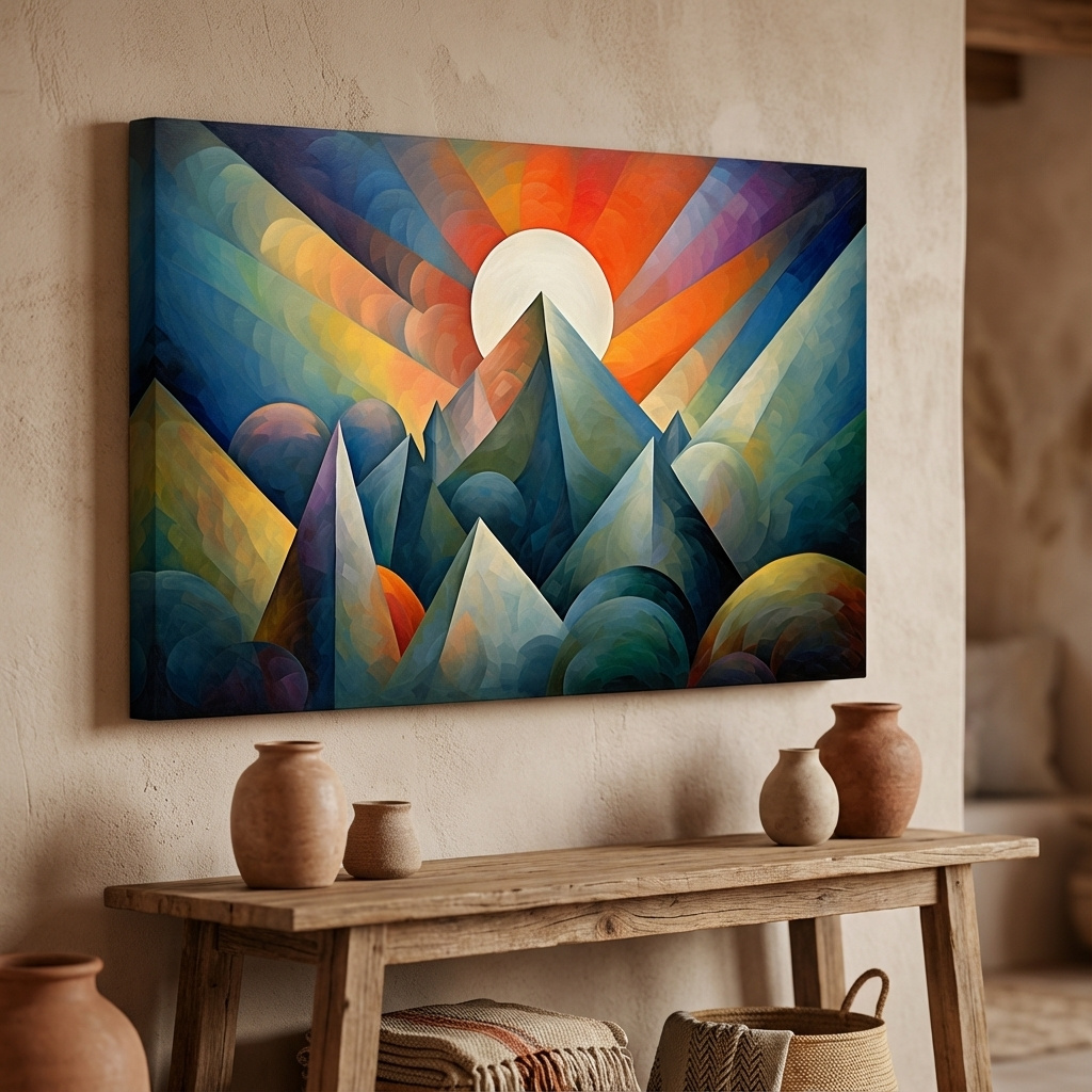 Mockup of Abstract painting of mountains at sunrise