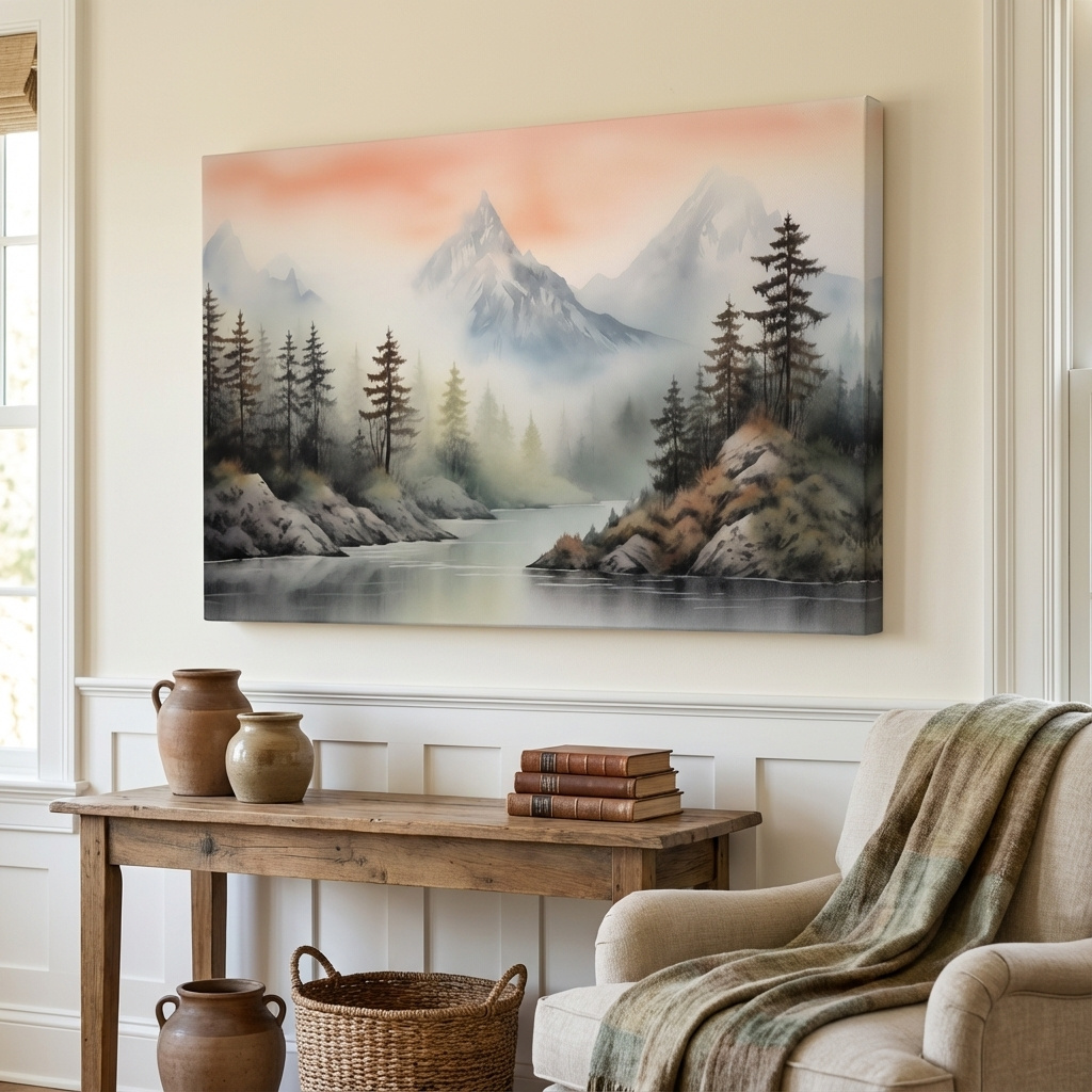 Mockup of Chinese style ink wash watercolour painting of mountains