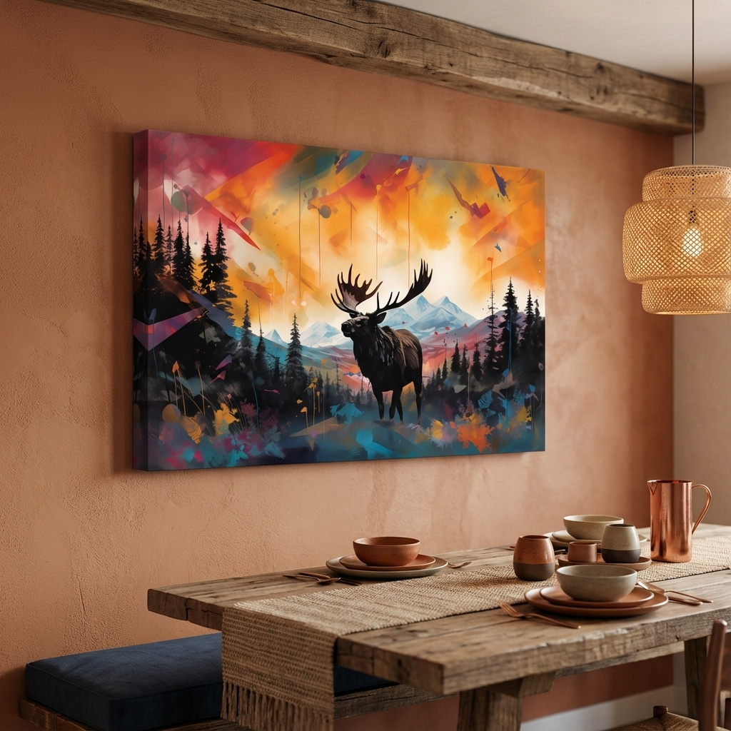 Mockup of Abstract vibrant painting of a moose in forest scenery