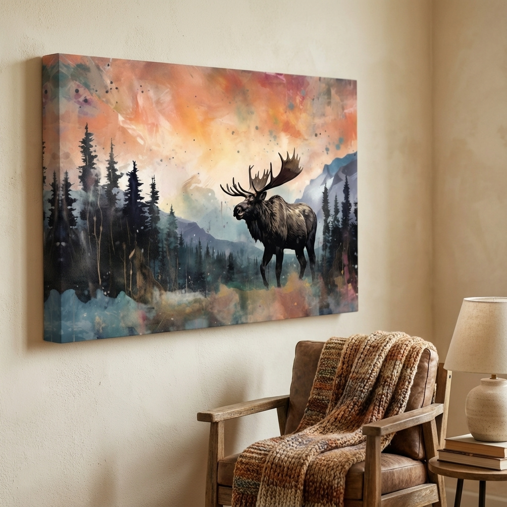 Mockup of Abstract splattered painting of a moose in mountain scenery