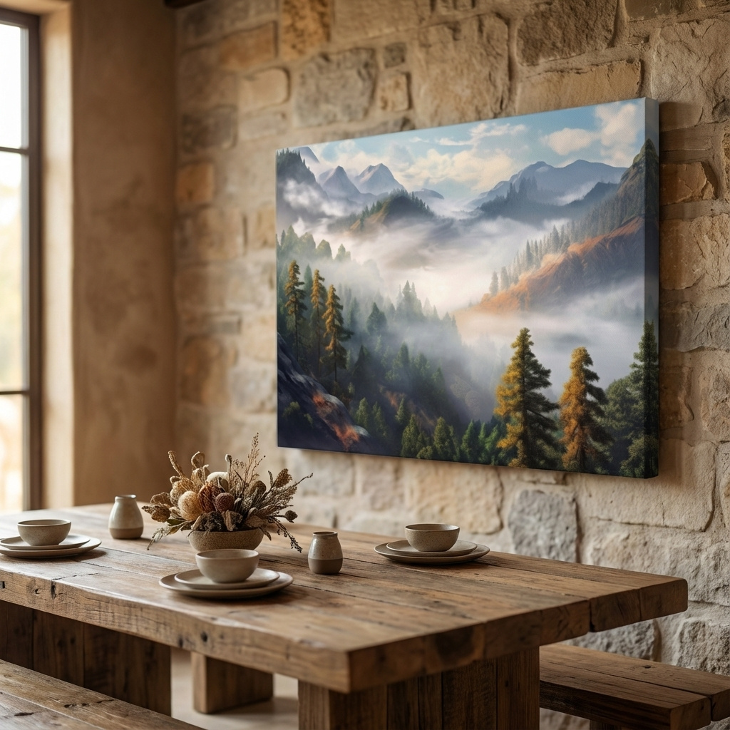 Mockup of Painting of fog rolling through the trees and mountains