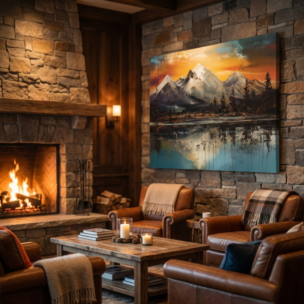 Mockup of Abstract oil painting of an alpine lake at sunset