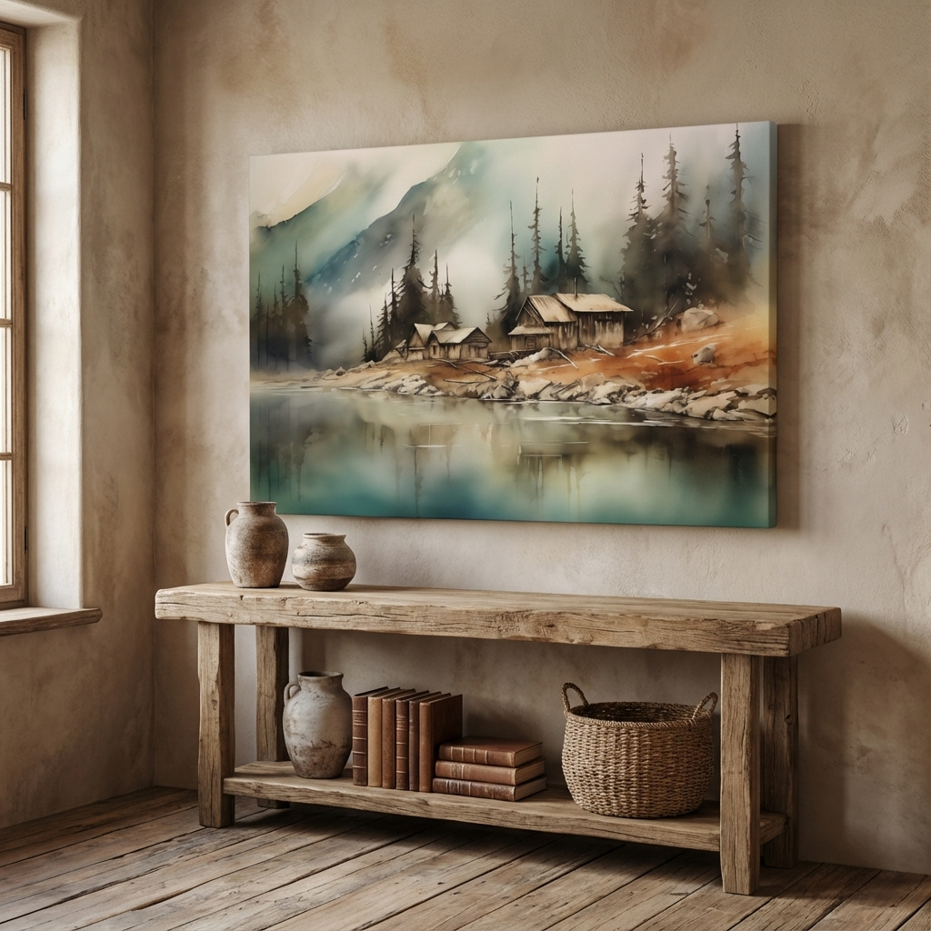 Mockup of Rustic alpine mountain lake cabins, watercolor style landscape wall art