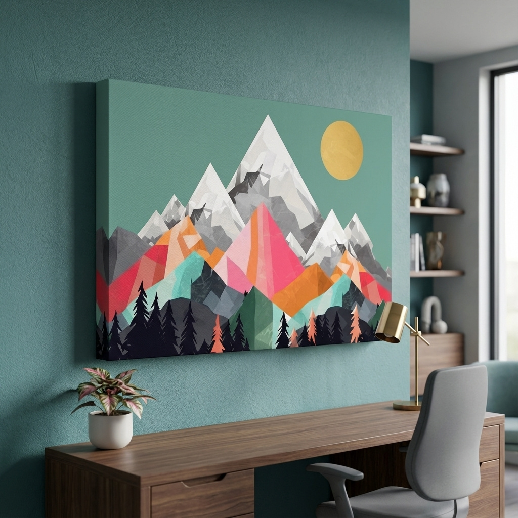 Mockup of Simple 2D mountain art, colourful mountain ranges